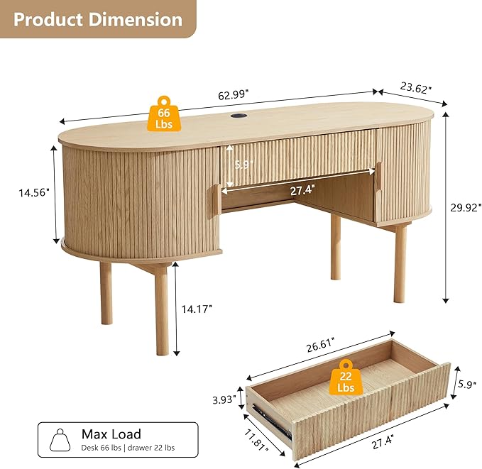ORRD Home Office Oval Desk with Sliding Tambour Door and Drawer Modern Fluted Wood Executive Computer Storage Desk for Study Living Room Bedroom Office - Natural