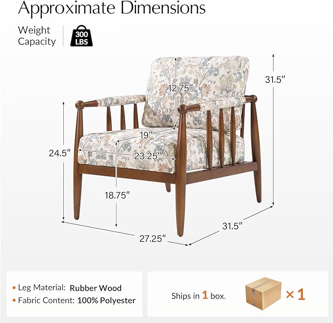 HULALA HOME Modern Accent Chair with Solid Wood Frame and Armrests Comfy Upholstered Armchair for Living Room Bedroom No Assembly Required Damask