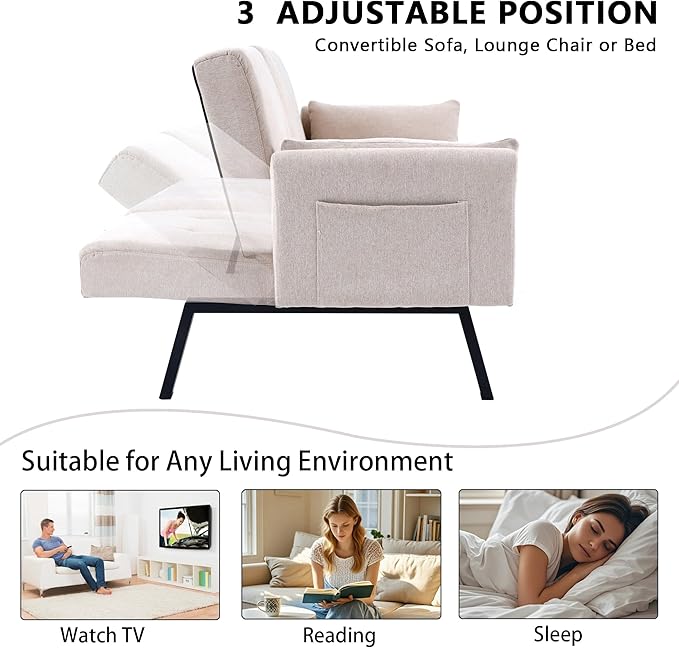 70 Futon Sofa with CupholdersAdjustable Backrest Cotton Linen with Cup Holders and 2 Throw Pillows Sleeper Sofa for Living Room Apartment Small Space (Beige)