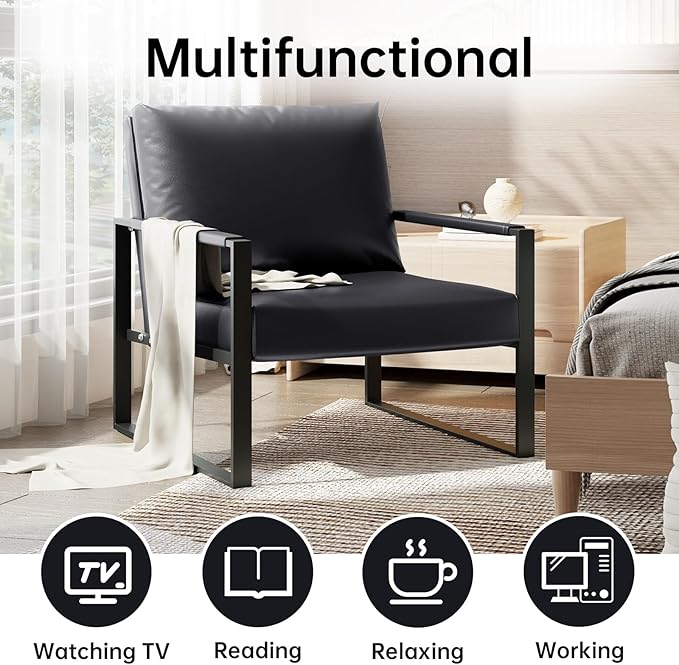 Accent Chair Set of 2 Leather Modern Comfortable Waiting Room Chairs Easy to Clean Couch Chair for Living Room Bedroom Office (Black)