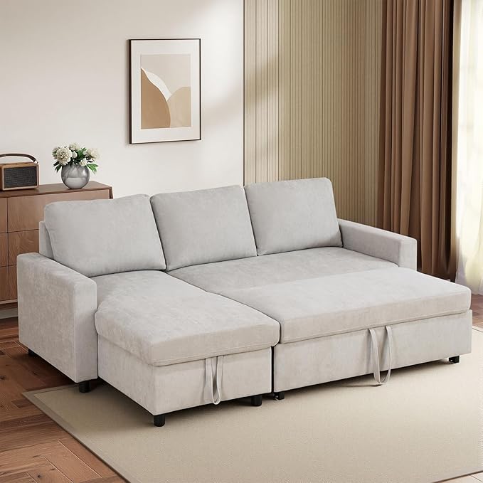 L-Shaped Sleeper Sofa with Chaise Lounge &amp Storage Pull-Out Couch Bed with Recliner Full Size Futon for Living Room Office Apartment Beige
