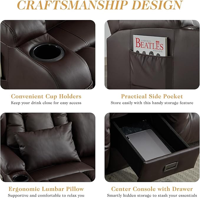 Loveseat Recliner Sofa with DIY LED LightsRV Couch Wall Hugger Recliners with Flip-up ConsoleReclining Loveseat Sofa Recliner with Smart LED Lights/Cup Holders/Lumbar PillowsRV FurniturePU Brown