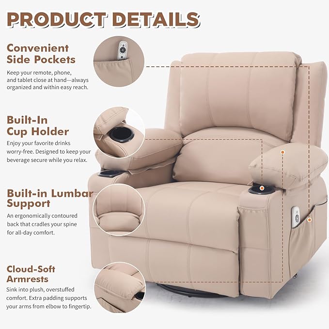 Faux Leather Swivel Rocker Recliner with Heat and Massage Cup Holders Overstuffed Rocking Glider Chair Heated Massaging Reclining Chair Beige