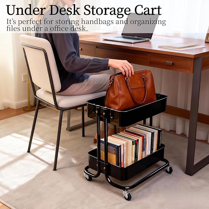 2 Tier Cart with Wheels Heavy Duty Metal Rolling Storage Cart for Under Desk Storage Short Small Utility Shelf for Pantry Kitchen Bathroom Laundry Home Organizer with Large Basket Black