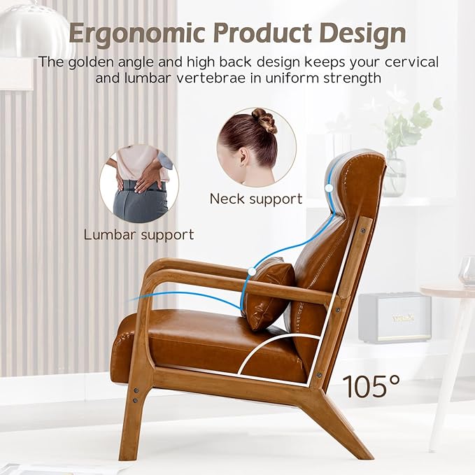 INZOY Mid Century Modern Accent Chair with High Back PU Leather Reading Armchair with Waist Cushion Upholstered Wood Frame Living Room Chairs for Bedroom Sunroom Camel