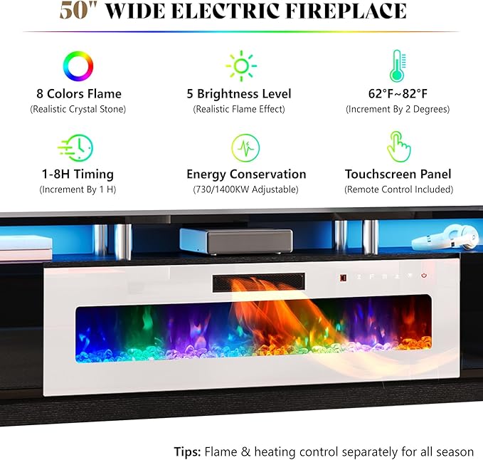 AMERLIFE 90 2 Tier Fireplace TV Stand with 50 Fireplace Modern Large Entertainment Center LED Lights Media Console Table Storage Cabinet for TVs Up to 100 Living Room Black &amp White