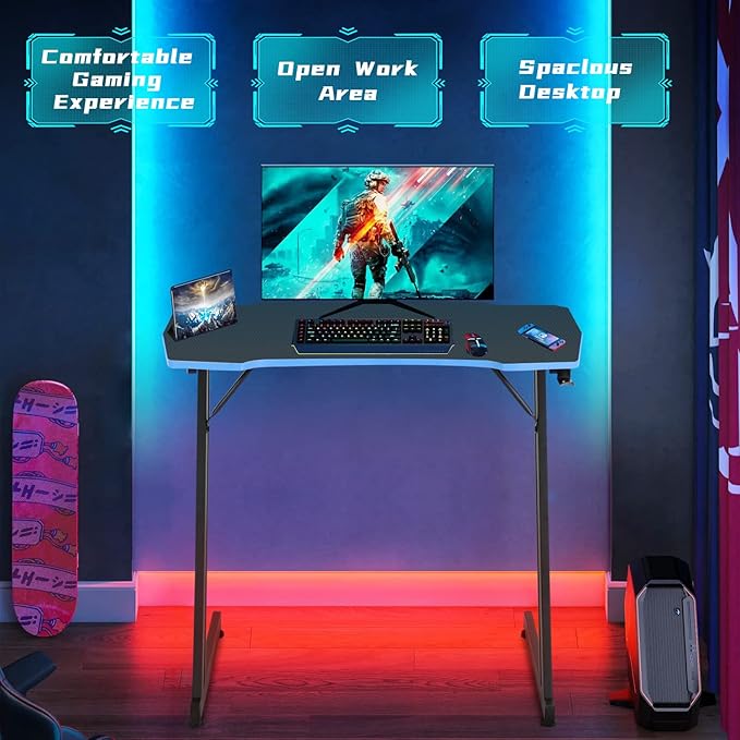 35 Inch Gaming Computer Desk with Headphone Hook Z-Shaped PC Gaming Table Home Office Desks Gaming Desk for Small Places Carbon Fiber Surface Simple Installation Black