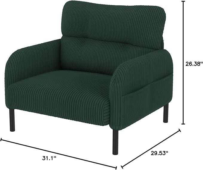 Emerald Accent Chair - Corduroy Living Room Chairs with Side Storage Pockets and Durable Legs Comfy Arm Reading Chair with Soft Backrest for Bedroom Balcony Study Room