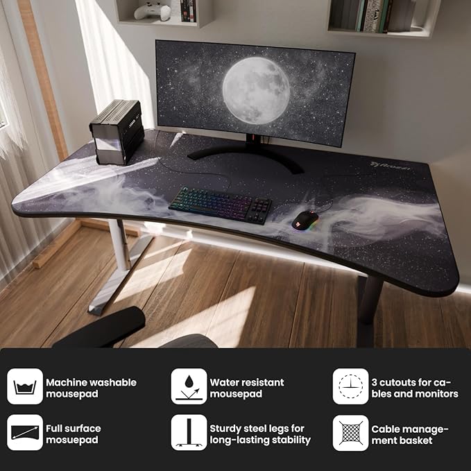 Arozzi Arena Special Edition Ultrawide Curved Gaming and Office Desk with Full Surface Water Resistant Desk Mat Custom Monitor Mount Cable Management Cut Outs - Gunmetal Galaxy
