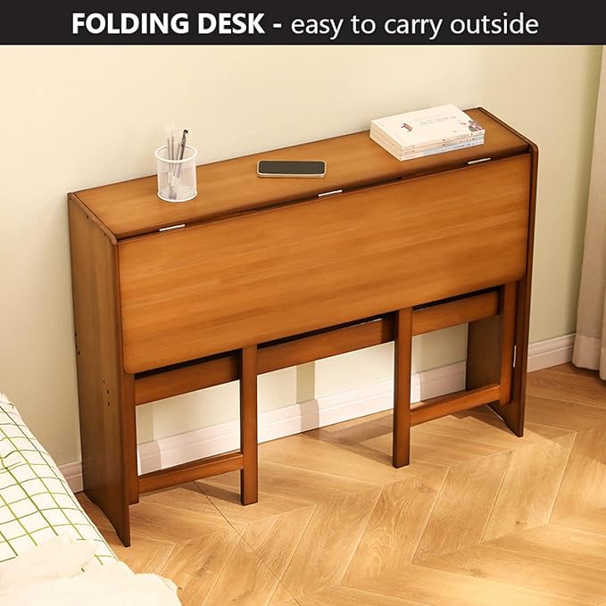 Modern Folding Computer Desk Walnut Bamboo 31 Inch Space Saving 1 Shelf