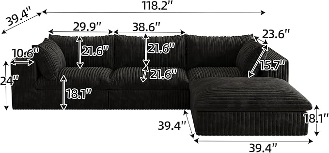 118.2 L Shaped Modular Boneless Sofa with Ottoman Cloud Sectional Couches for Living Room Deep Seat Corduroy Upholstered Couch Furniture Set No Assembly Required(Black 3 Seater+1 Ottoman)