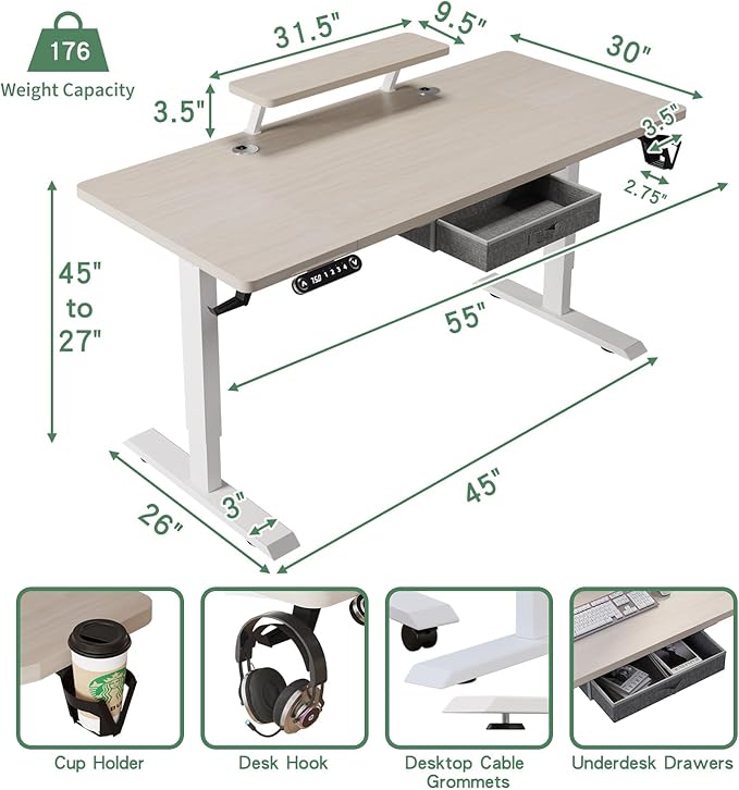 Height Adjustable Electric Standing Desk with One Drawer Table with Storage Shelf Sit &amp Stand Home Office Desk with Storage Space (Oak 55x30)