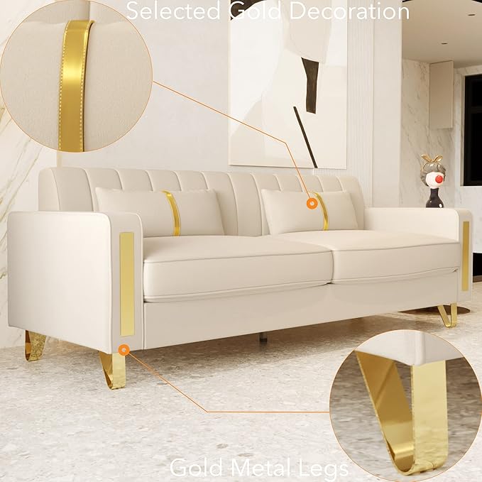 85.63 Modern Velvet Sofa with Gold Metal Legs Large Upholstered Mid Century Modern Comfy 3 Seater Couches for Living Room Bedroom Office (Beige)