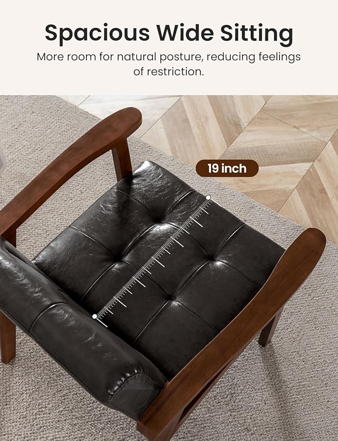 Mid Century Modern Accent Chairs for Living Room Comfy Bedroom Chairs for AdultsSmall Wide Reading Nook Arm Chair 105° Ergonomic Cozy Black Leather Armchair with Rubber Wood