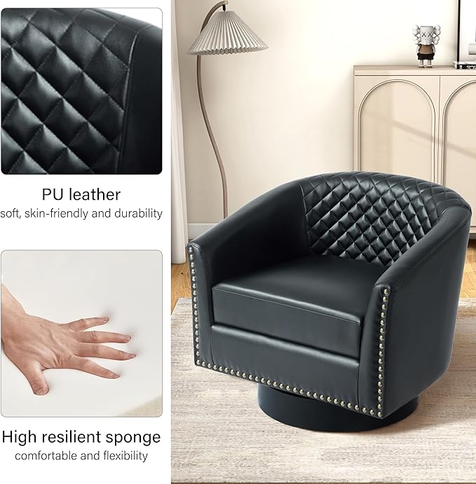 Swivel Barrel Accent Chair Comfy Modern Upholstered Round Faux Leather Arm Chair for Living Room Bedroom（Black Set of 4