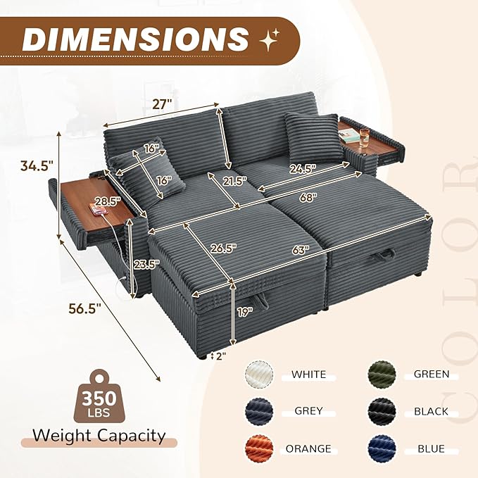 Chaise Lounge Chair Indoor 68 W Corduroy Loveseat Sectional Couch with Sorage Ottoman/Wing Table/Charge Ports/Cup Holder Modern Comfy Deep Seat Reading L-Shape Sofa for Living Room Dark Gray