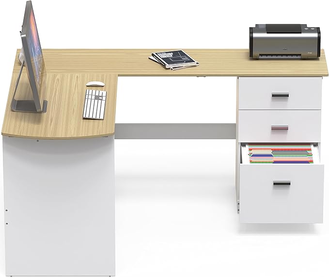 SHW 51 x 59 Inches L-Shaped Home Office Wood Corner Desk with Box Box File Drawers Oak