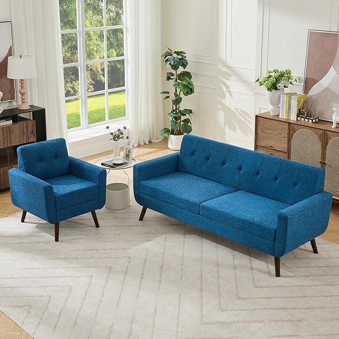 Tbfit Mid Century Modern Sofa Couch Blue Standard Sofa &amp Accent Chair | linen fabric button tufted solid wood foot pocket spring wood slats frame