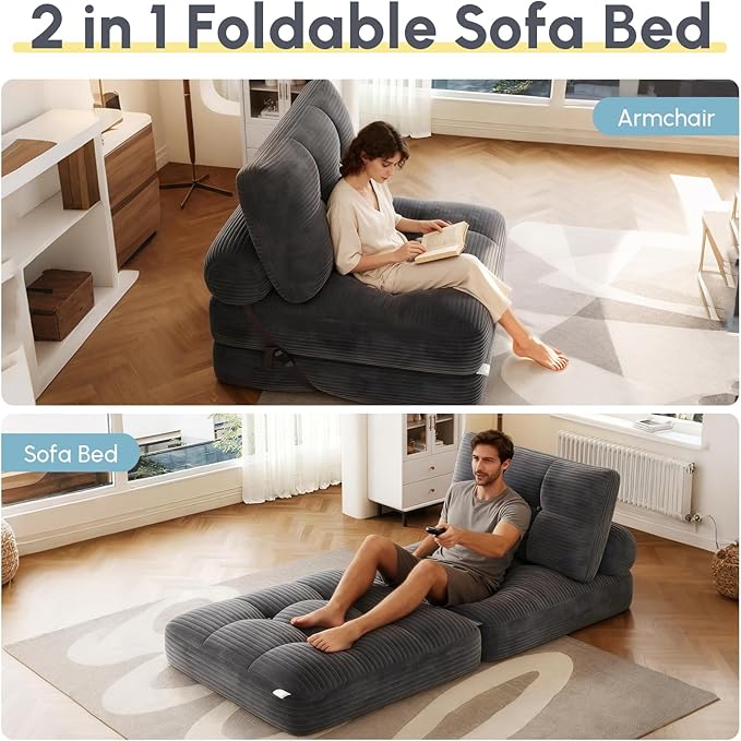 Folding Sofa Bed Convertible Sleeper Chair with Pillow Foldable Mattress with Back Support