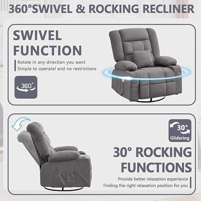 Oversized Swivel Rocker Recliner with Throw Pillow for Adult Kneading Massage Recliners Chair with Heat | USB | Cup Holders Gray Nursery Recliner Chair for Living Room Bedroom (Normal Grey)