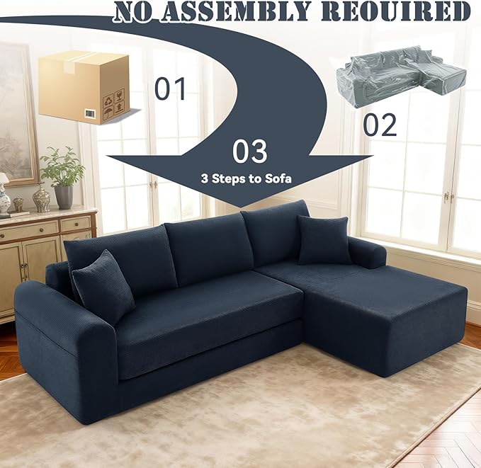 103 Modular Sectional Sofa Couch with ChaiseFolding L-Shape Sofa Bed with Deep SeatCorduroy Convertible Couch BedCompression Cloud Boneless Couches for Living Room(Navy BlueRight Facing Chaise)