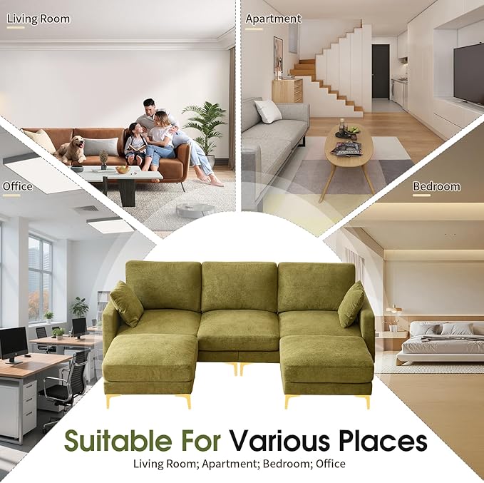 VINGLI 100 W U Shaped Couch with Ottoman 22 Deep Seat Comfortable Sectional Couches for Living Room 3 Seater Chenille Fabric Cloud Sofa for Apartment Small Spaces Bedroom Green