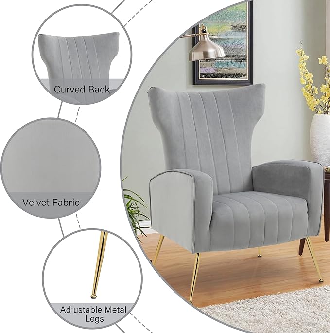 Accent Chair Upholstered Armchair with High Wingback &amp Metal Legs Mid-Century Modern Comfy Single Sofa Reading Chairs for Living Room Bedroom (Grey Set of 1)