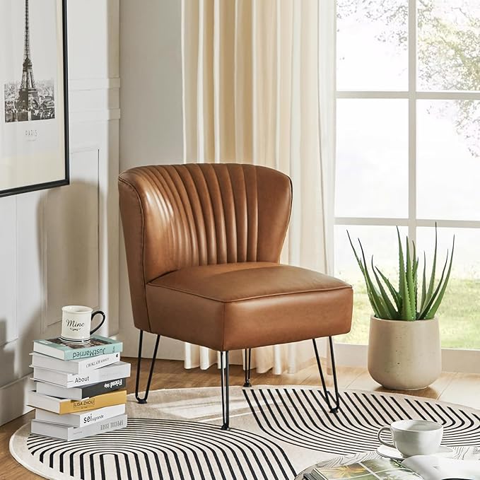 HULALA HOME Faux Leather Accent Chair with Metal Base Mid Century Modern Living Room Chair Comfy Upholstered Armless Side Chair for Bedroom Office Camel