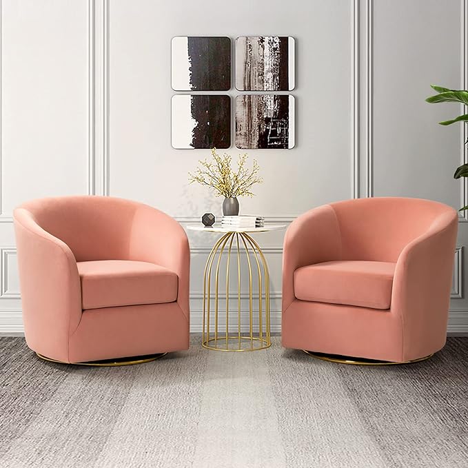 HULALA HOME Swivel Accent Chair with Gold Metal Base Set of 2 Contemporary Velvet Curved Swivel Barrel Chair Upholstered Club Armchair Leisure Single Sofa for Living Room Nursery Bedroom(Pink)