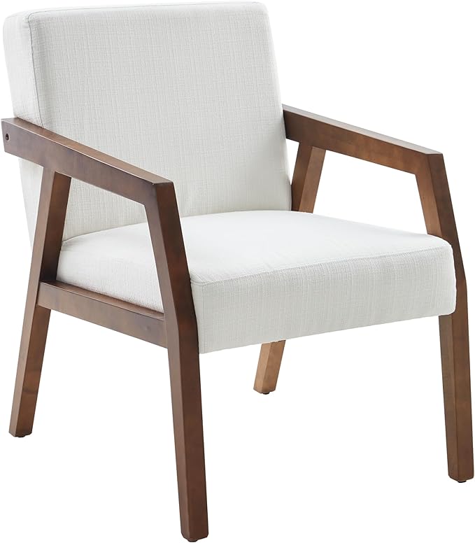 Solid Wooden Mid Century Modern Accent Chair Upholstered Arm Chair for Living Room Bedroom Linen Fabric Reading Chair Side Chair White CL902