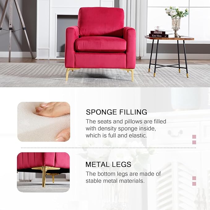 Rose Red Accent Chair Small for Bedroom Living Room Comfy Accent Chair Amchair Modern Single VelvetSofa Chair with Metal Legs