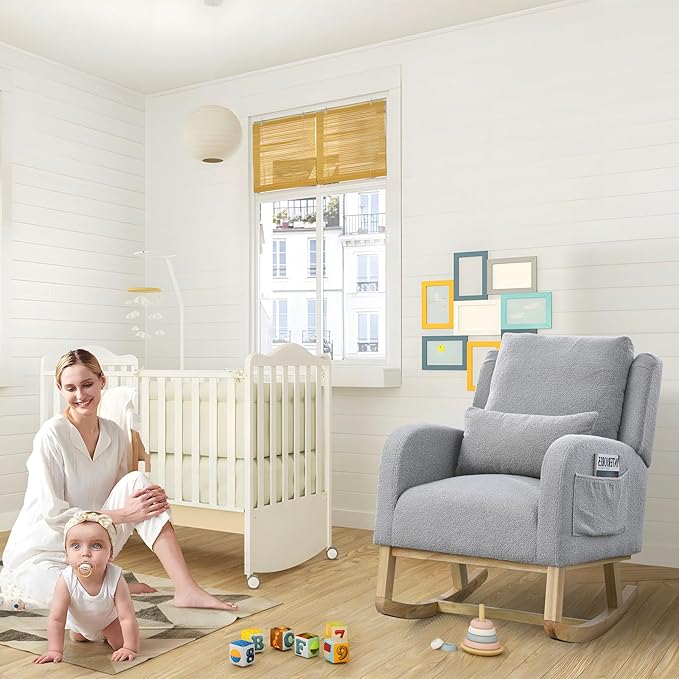 Rocking Glider Chair for Nursery Wingback Accent Rocker Chair Upholstered Tall Back Arm Chair w/Side Pockets Modern Leisure Single Sofa for Living Room Hotel Bedroom Baby Room Grey