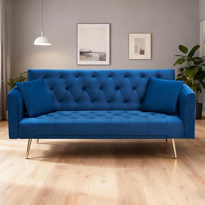 71 Velvet Futon Sofa Bed Convertible Sleeper Couch with 2 Pillows - Modern Loveseat Small Sofa 3-Angle Adjustable Backrest Golden Metal Legs for Living Room Bedroom Apartment Easy Assembly (Blue)