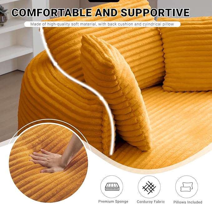 Oversized Round Lounge Chair Indoor Corduroy Upholstered Deep Seat Cloud Circle Sofa Chair Fluffy Boneless Sleeper Chair for Reading &amp Lounging No Assembly Required (Yellow)