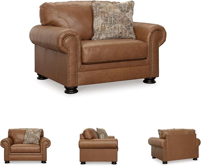 Signature Design by Ashley Carianna Contemporary Leather Match Upholstered Oversized Chair with Nailhead Trim and 1 Accent Pillow Dark Brown