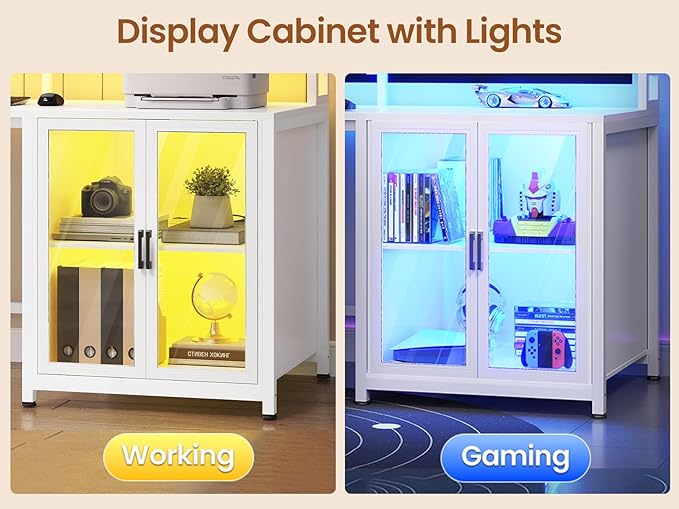 SEDETA L Shaped Gaming Desk with 4 Drawers 109” Computer Desk with Display Cabinet Home Office Desks with 2 Monitor Stands CPU Stand LED Lights and Power Outlet White