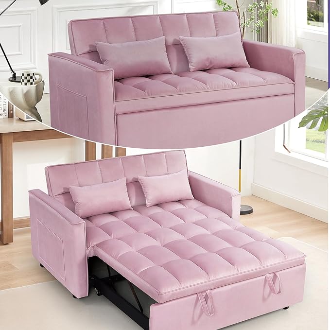 3 in 1 Convertible Sleeper Sofa Futon BedModern Velvet Pull Out Couch Bed with Reclining Backrest&amp2 Pillows54 Full Size Small Love Seat Lounge Couches for Small SpacesLiving Room (Pink)