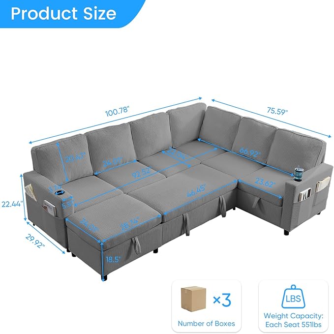 PUREMIND 100 Sectional Sleeper Sofa with Pull Out Bed U Shaped Modular Sectional Sofa with Storage Chaise Corduroy Cloud Sofa Bed with Cup Holders for Living Room Bedroom Apartment Grey
