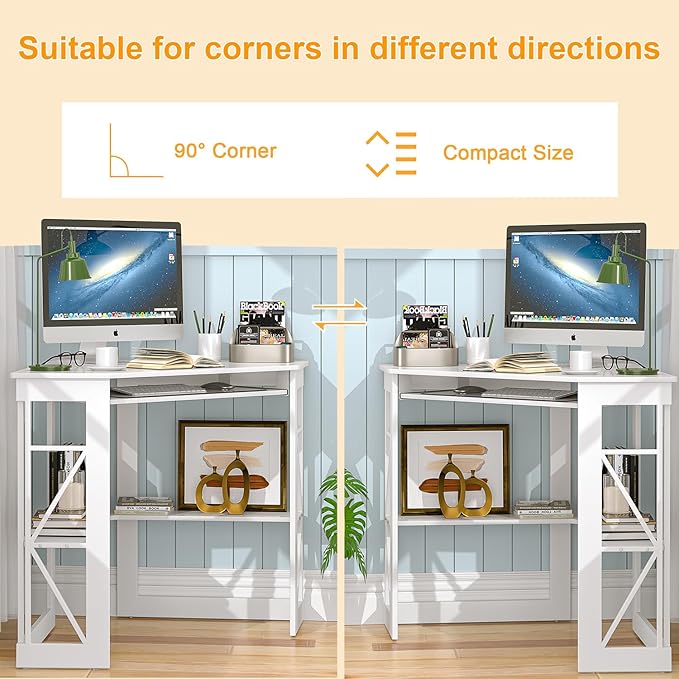 VECELO Corner Computer Desk 41x30 inches with Charging Station &amp Keyboard &amp Storage Shelves for Small SpaceTriangle Table for Home Office BedroomWhite