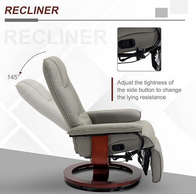 HOMCOM Faux Leather Manual Recliner Adjustable Swivel Lounge Chair with Footrest Armrest and Wrapped Wood Base for Living Room Gray