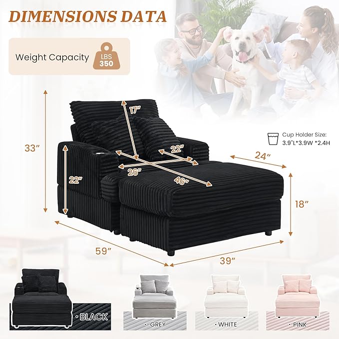 Chaise Lounge Chair Indoor 39 W Plush Corduroy Oversized Chair with Ottoman Upholstered Cozy Chaise with Cup Holder Modern Deep Seat Comfy Sofa Armchair for Living Room Bedroom(Black)