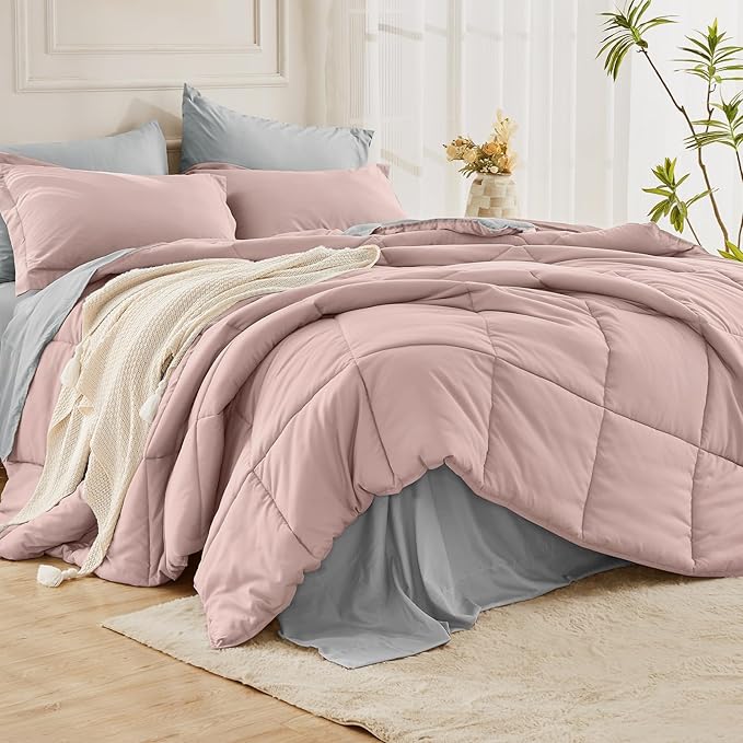 JOLLYVOGUE Twin XL Comforter Set Ultra-Soft Bed in a Bag Twin XL Size 5 Pieces Oeko-TEX Certified Bedding Set with Down Alternative Comforter Sheets Pillowcases &amp Shams Pink &amp Light Grey