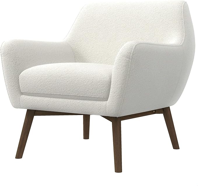 GDFStudio Mid-Century Modern Comfy Accent Chair Upholstered Boucle Lounge Vanity Chair with Rectangular Back and Solid Wood Legs Armchair Sofa Chair for Bedroom Living Room Makeup White &amp Brown