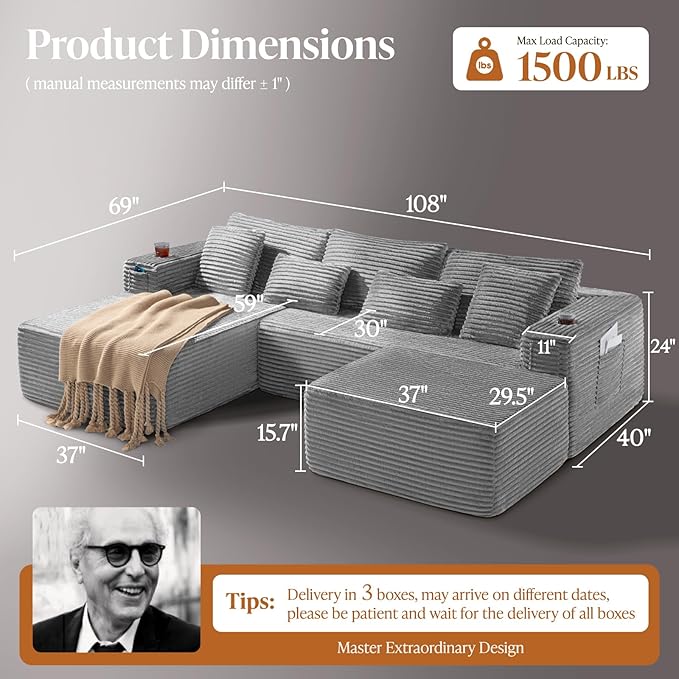 Cloud Modular Sectional Sofa Couch Boneless Couch Deep Seat for Living Room No Assembly Minimalist Modular Sofa Corduroy (Light Grey 2 Seater+Left Facing Chaise+Ottoman)