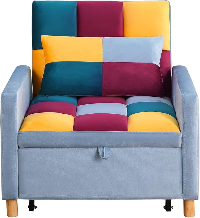 3-in-1 Convertible Chair Sleeper Sofa Bed with Adjustable Backrest Sleeper Chair Pull Out Bed for Small Space (Rainbow)