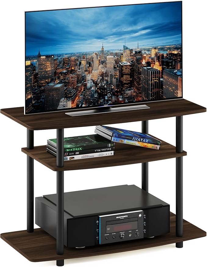 Furinno Turn-N-Tube No Tools 3-Tier Entertainment Center TV Stand for TV up to 32 Inch Plastic Round Tubes Columbia Walnut/Black
