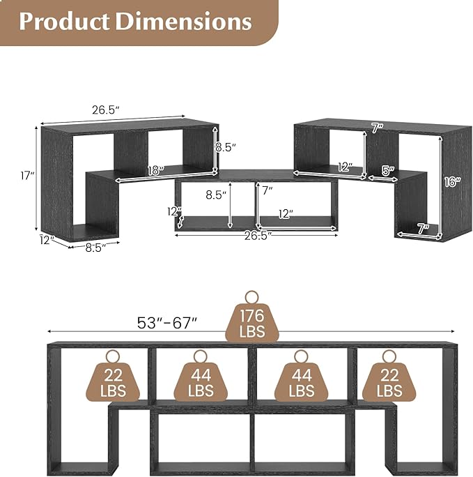 GOFLAME 3 Pieces TV Console Stand Modern Entertainment Center for 50 55 60 65 Inch Flat Screen TV Free Combination Bookcase for Storage &amp Display Suitable for Living Room (Black Wood Grain)