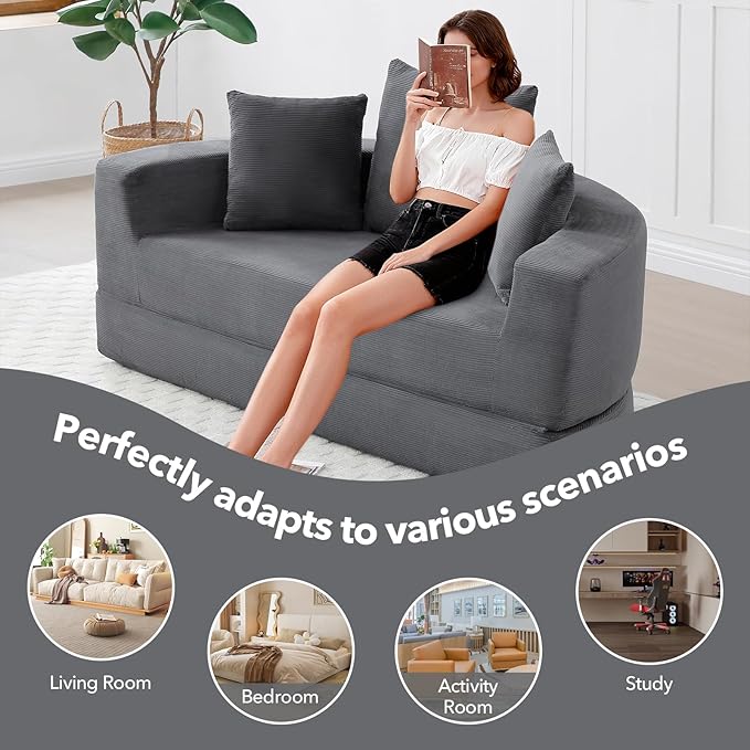 Round Boneless Couch Corduroy Upholstered Folding Convertible Sofa Bed with Pillows 2-in-1 Futon Sofa Bed with Half-Circle Design Comfy Loveseat for Living Room Apartment (Gray)
