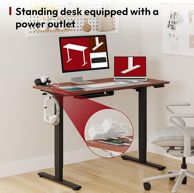 SANODESK Electric Standing Desk with Desk Clamp Power Strip 40x 24 Whole-Piece Desktop Height Adjustable Stand Up Desk with Cable Management Sit Stand Home Office Desk Black Frame/Mahogany Top