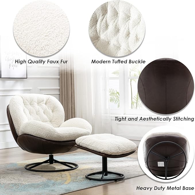 Modern Accent Chair with Ottoman Fluffy Faux Fur Upholstered Swivel Lounge Chair with footrest Comfy Tufted Armchair with Metal Heavy Duty Base for Living Room Bedroom Reading Chair White
